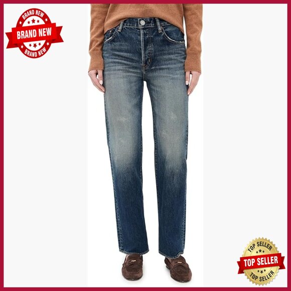 High Rise Straight Leg Jeans Non-Stretch Denim Distressed Detailing